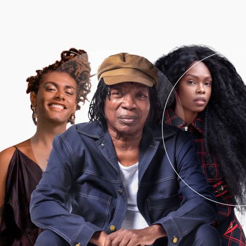 Imagem dos cantores Milton Nascimento, Liniker e Xenia França, juntos, num fundo cinza, com logo da Mastercard em marca d'água.
